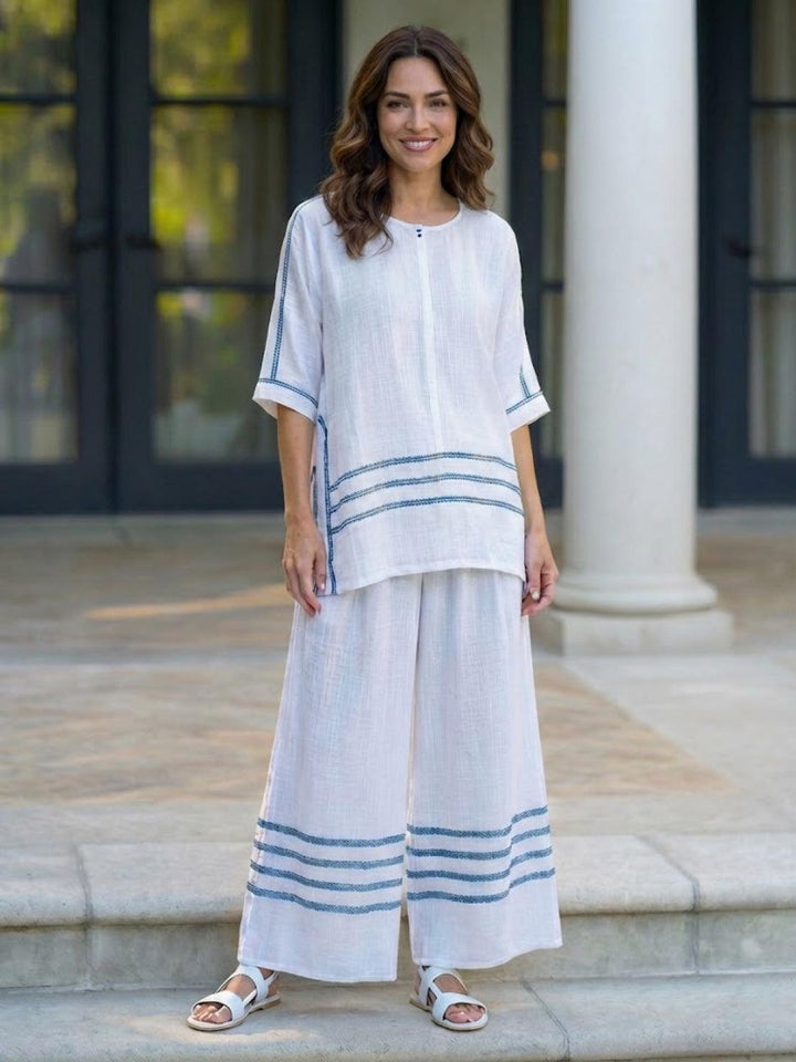 Alma | Women's Embroidered Two-Piece Set Wide Leg Pants Tunic Top