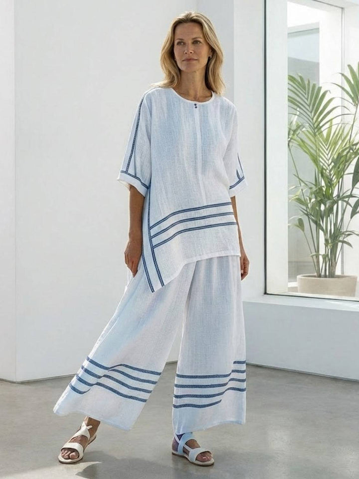 Alma | Women's Embroidered Two-Piece Set Wide Leg Pants Tunic Top