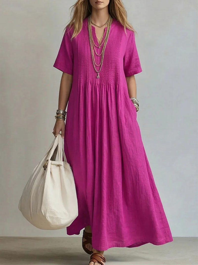 Colvaine | Women's Maxi Sundress Pleated V-Neck - Hot Pink - Image 1