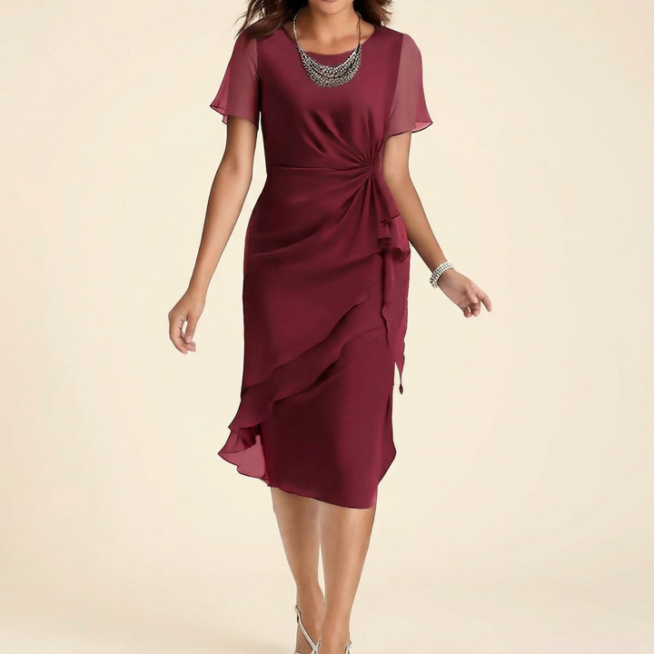 Colvara | Women's Ruffle Midi Dress with Twist Waist - Burgundy - Image 2