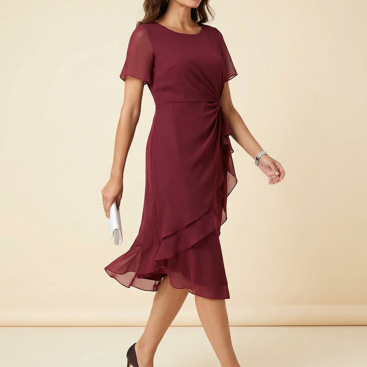 Colvara | Women's Ruffle Midi Dress with Twist Waist - Burgundy - Image 3