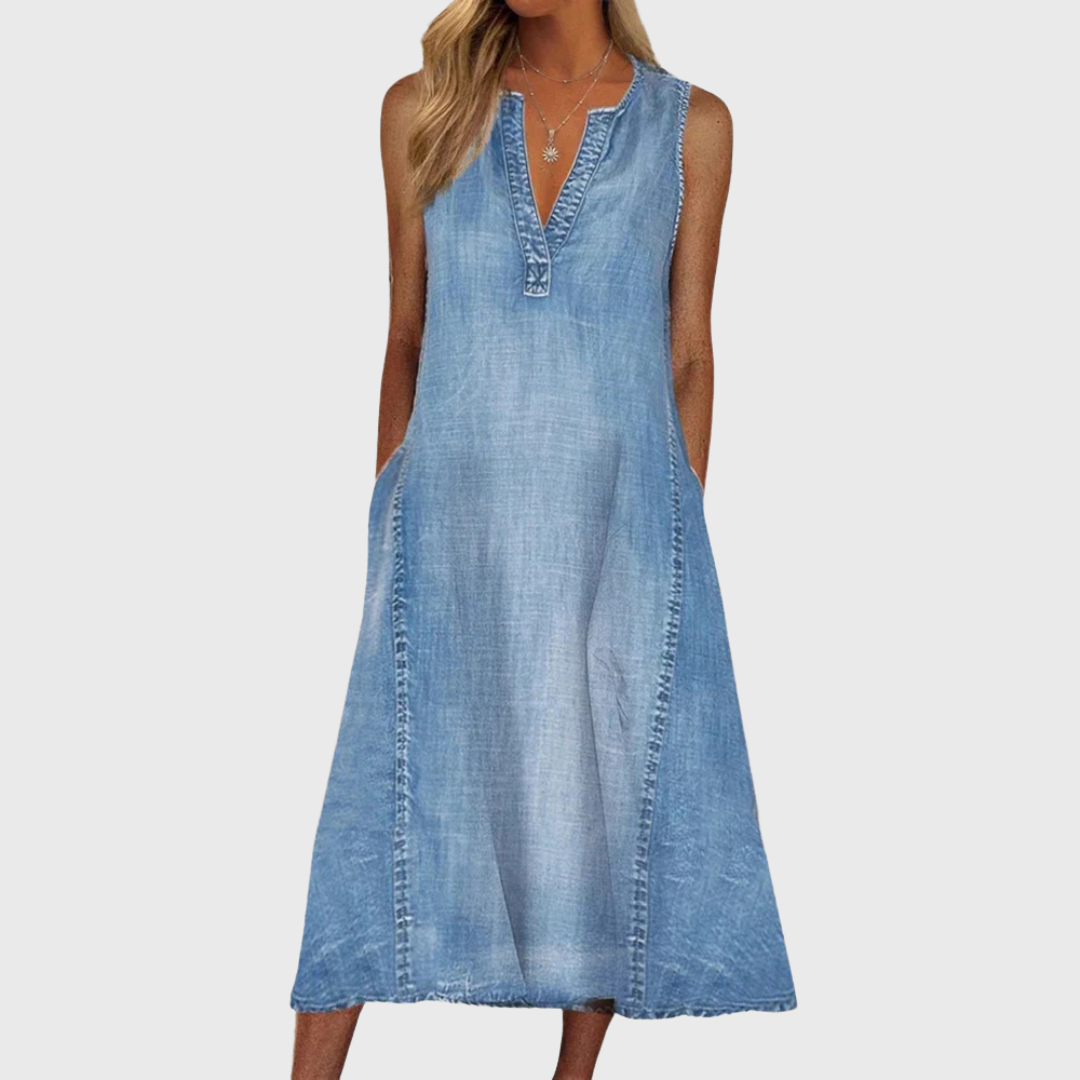 Corabel | Women's Sleeveless Denim Midi Dress - Light Blue - Image 1
