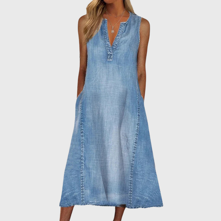 Corabel | Women's Sleeveless Denim Midi Dress - Light Blue - Image 1