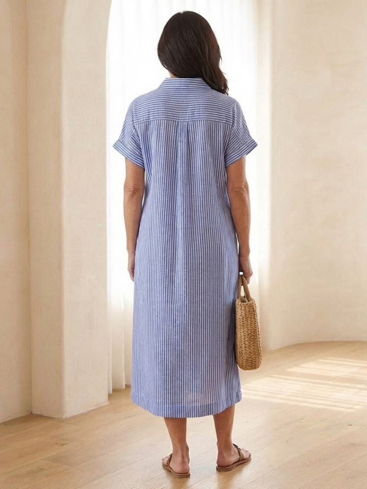 Corabel | Women's Striped Button Front Midi Shirt Dress - Striped - Image 2