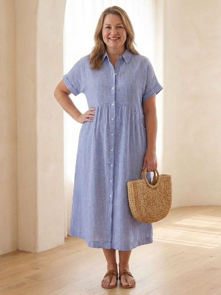Corabel | Women's Striped Button Front Midi Shirt Dress - Striped - Image 3