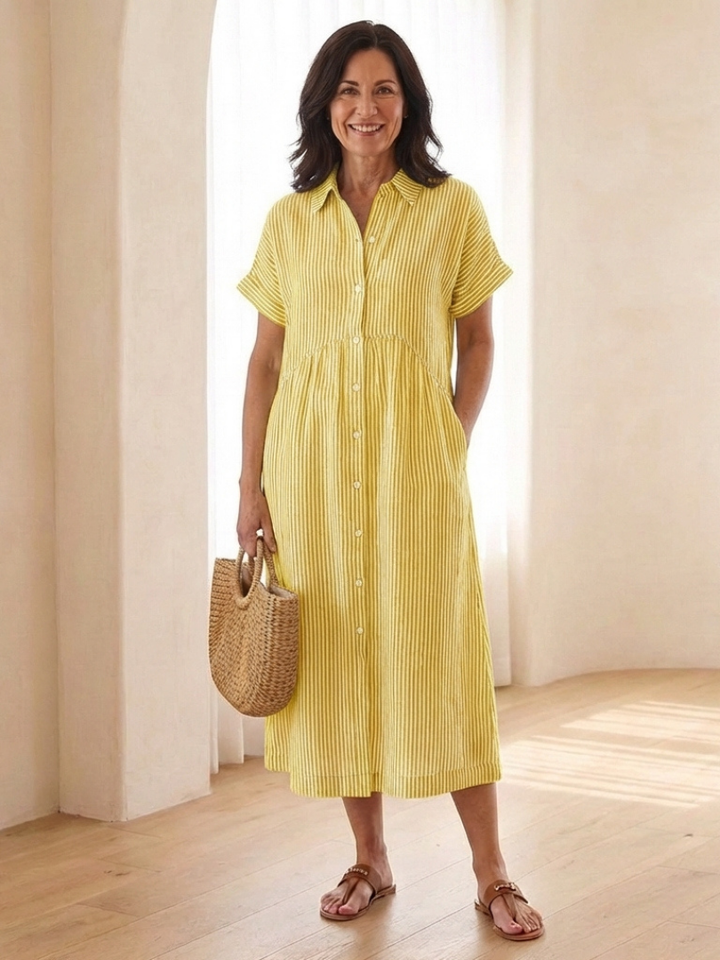 Corabel | Women's Striped Button Front Midi Shirt Dress - Striped - Image 4