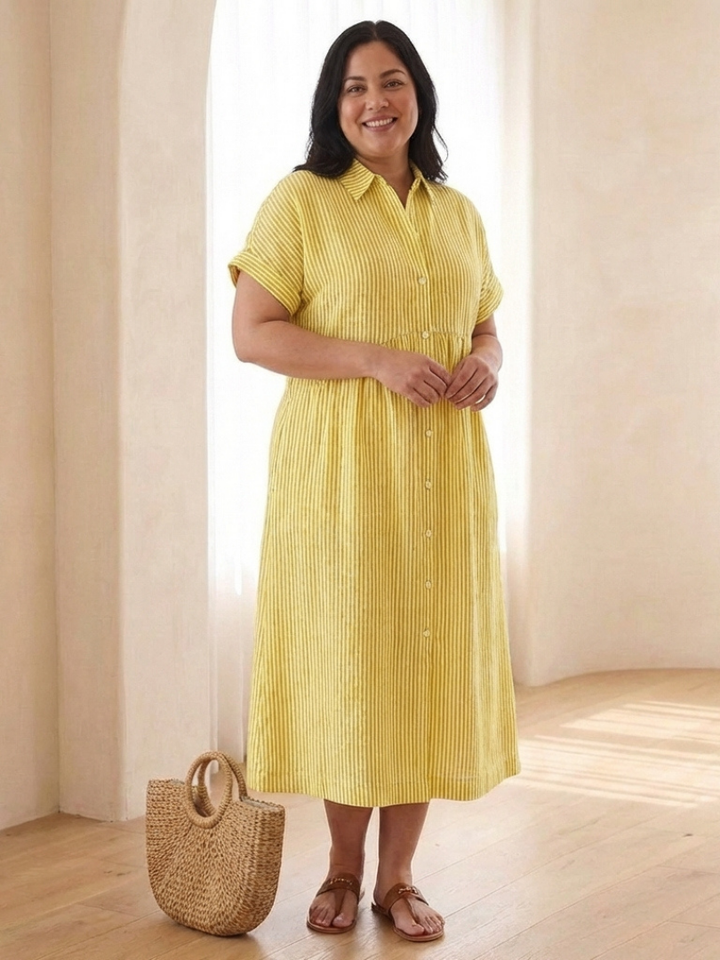 Corabel | Women's Striped Button Front Midi Shirt Dress - Striped - Image 5