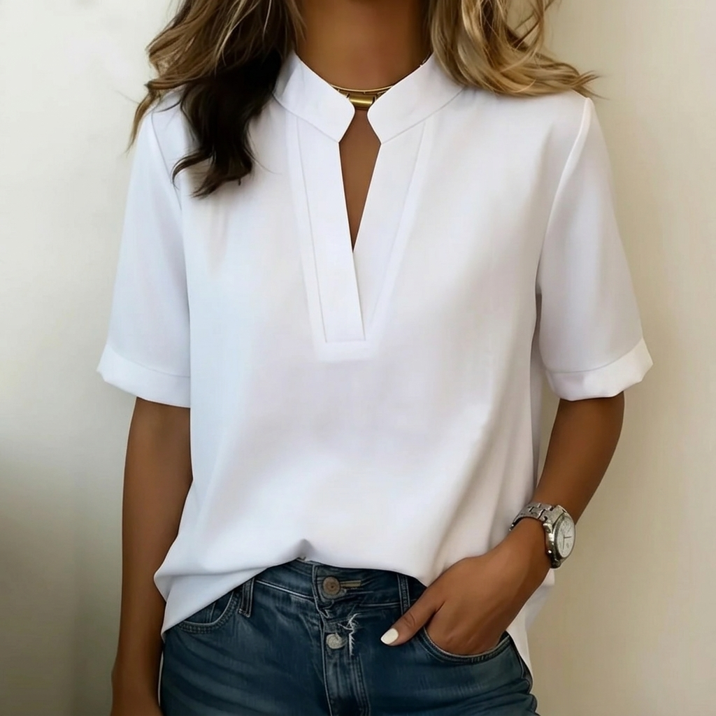 Corabel | Women's V-Neck Blouse Short Sleeve Top - White - Image 1