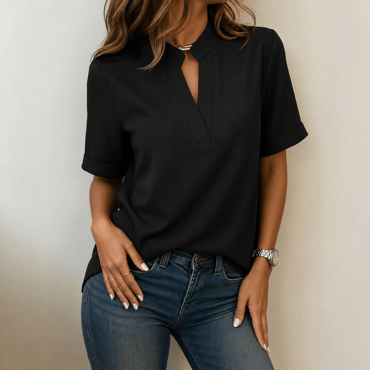 Corabel | Women's V-Neck Blouse Short Sleeve Top - White - Image 7