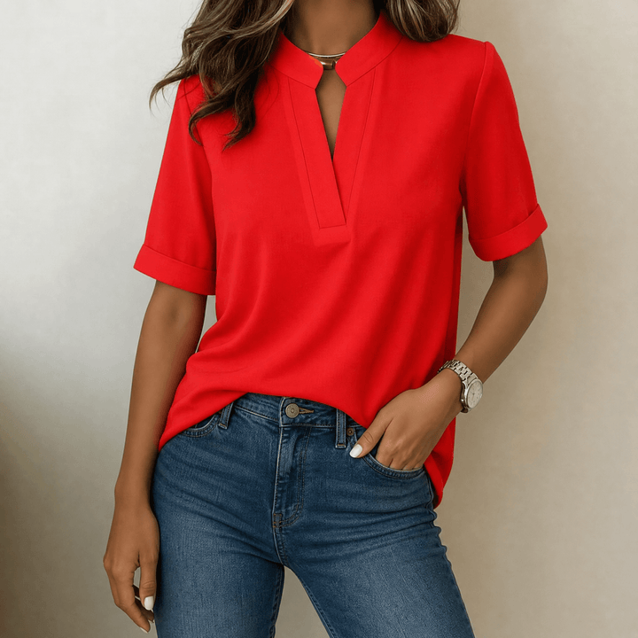 Corabel | Women's V-Neck Blouse Short Sleeve Top - White - Image 8