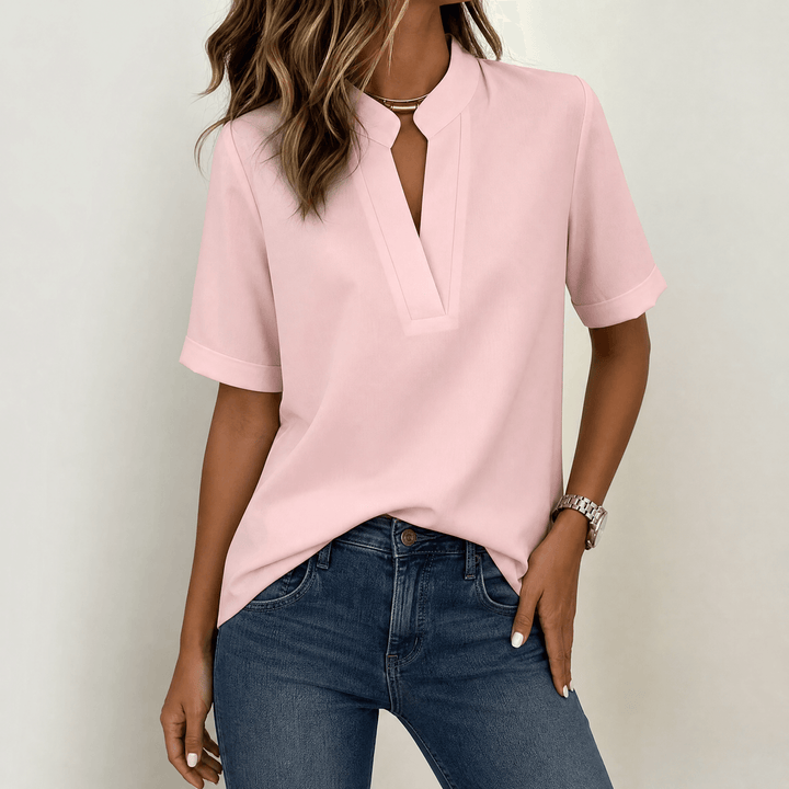Corabel | Women's V-Neck Blouse Short Sleeve Top - White - Image 9
