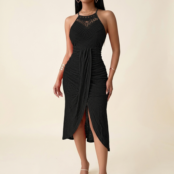 Coralie | Women's Black Halter Neck Crochet Midi Dress - Black - Image 1