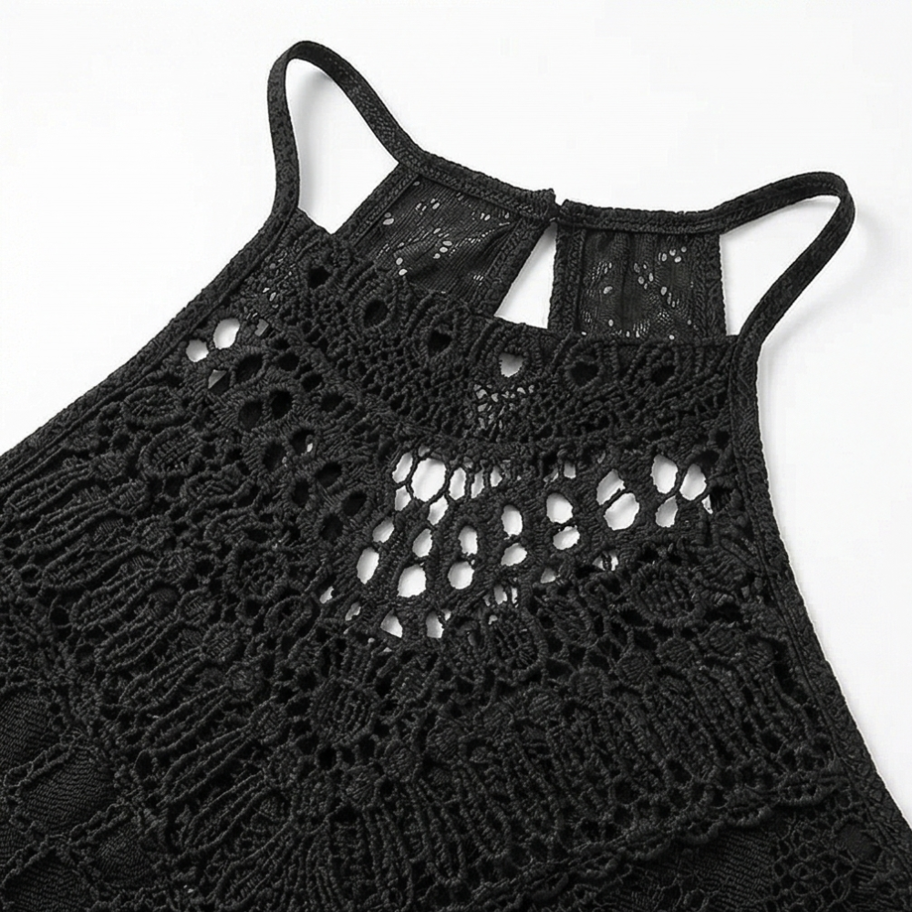 Coralie | Women's Black Halter Neck Crochet Midi Dress - Black - Image 7