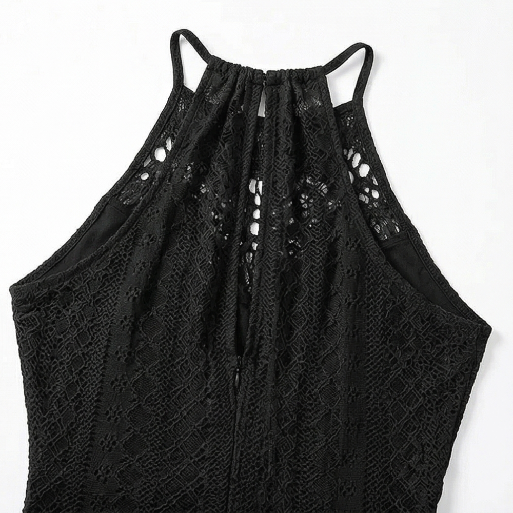Coralie | Women's Black Halter Neck Crochet Midi Dress - Black - Image 8