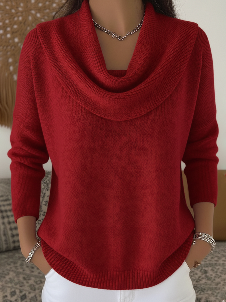 Cordelia | Women's Cowl Neck Long Sleeve Sweater - Red - Image 1