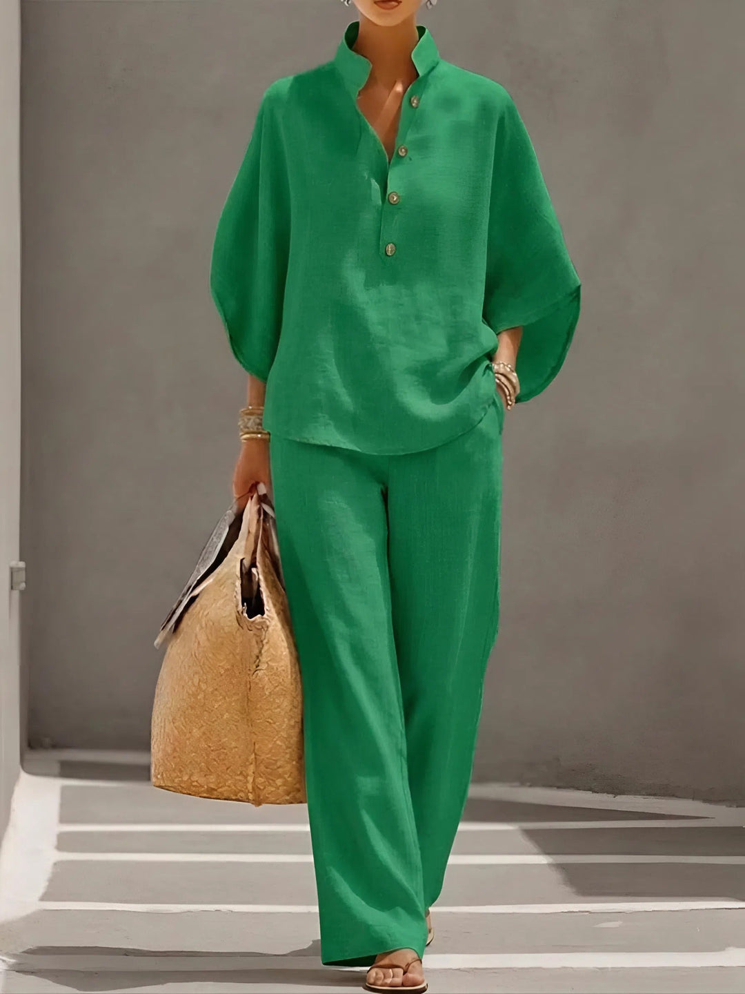 Cordula | Women's Button Up Wide Leg Two Piece Set - Champagne - Image 3