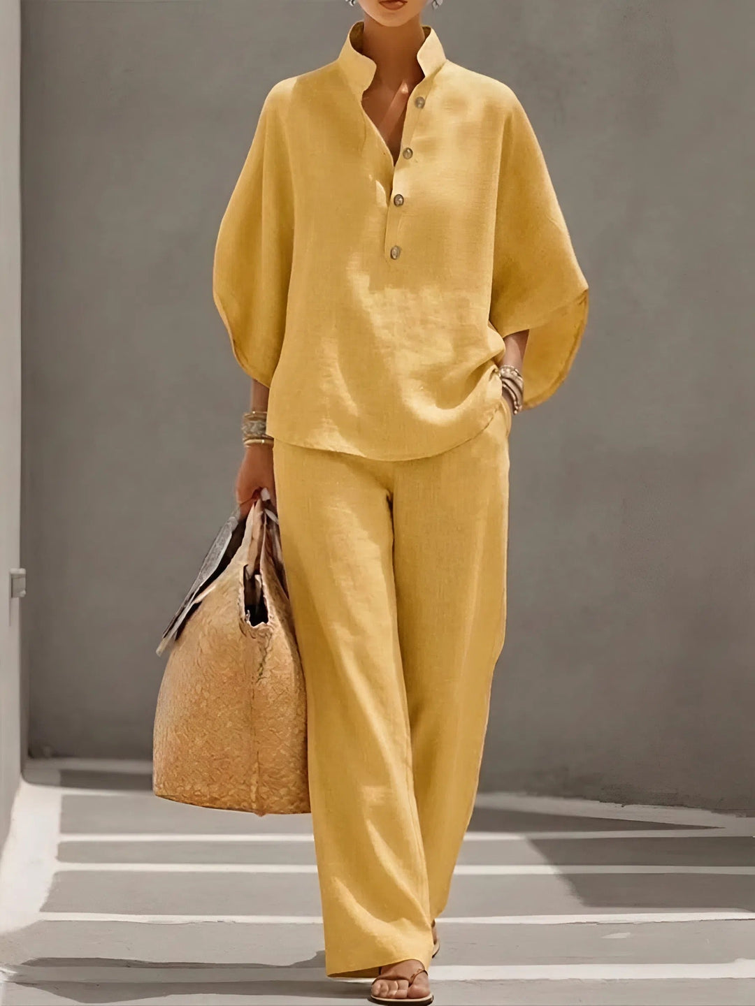 Cordula | Women's Button Up Wide Leg Two Piece Set - Champagne - Image 4