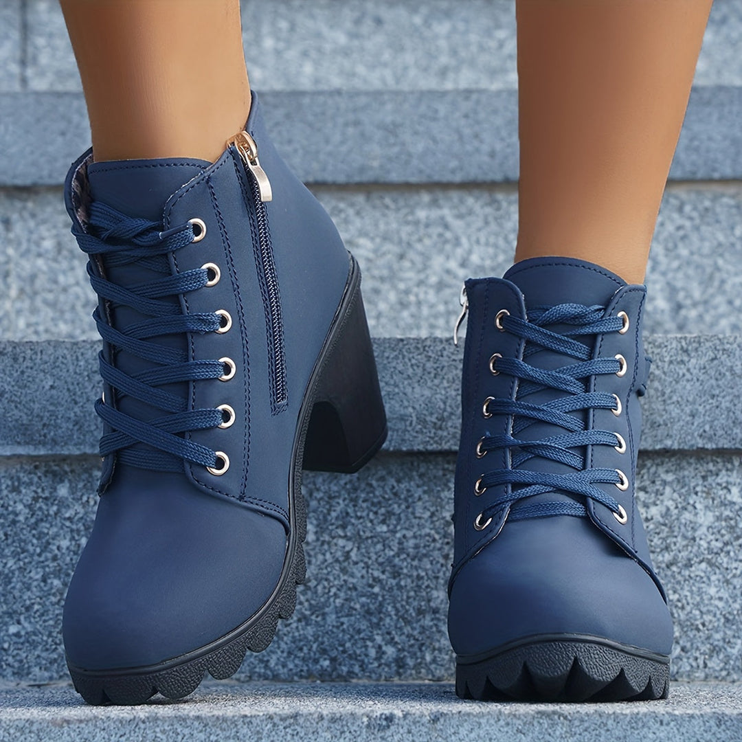 Cordwyn | Women's Block Heel Ankle Boots Lace-Up - Navy - Image 1