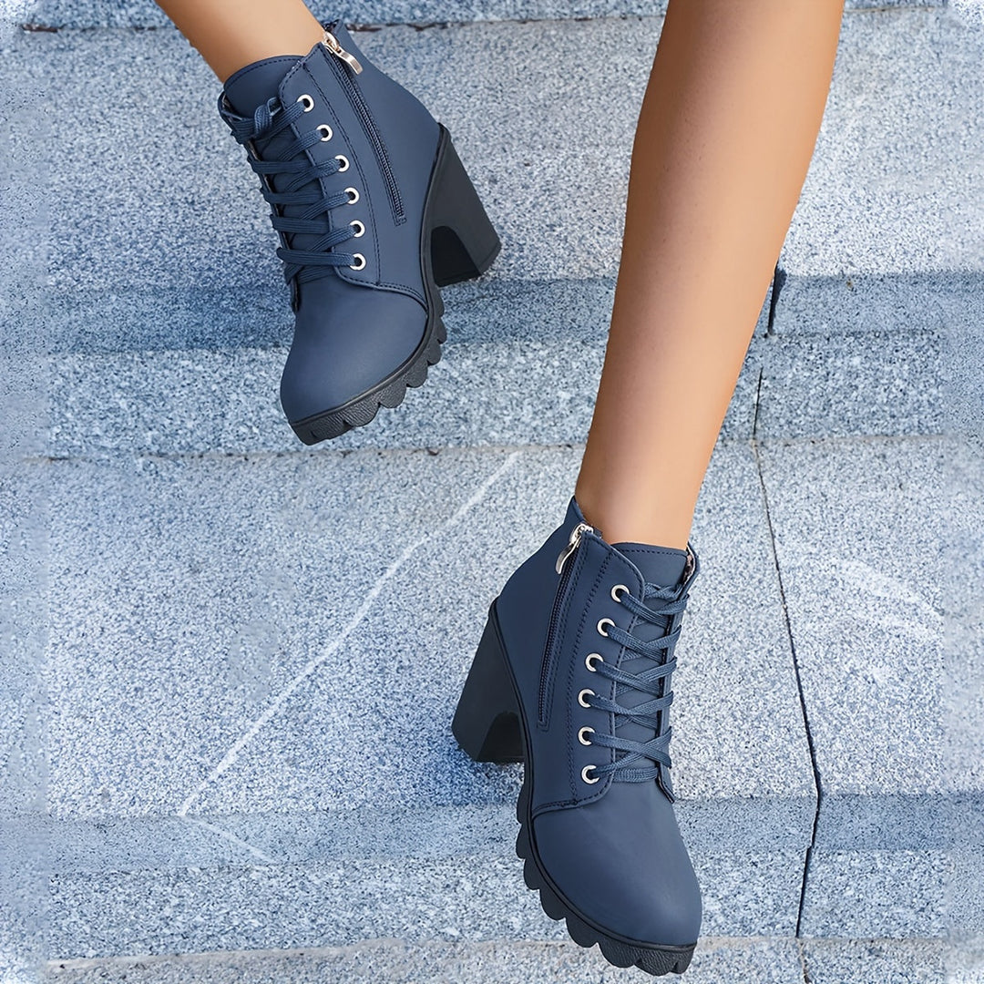 Cordwyn | Women's Block Heel Ankle Boots Lace-Up - Navy - Image 12