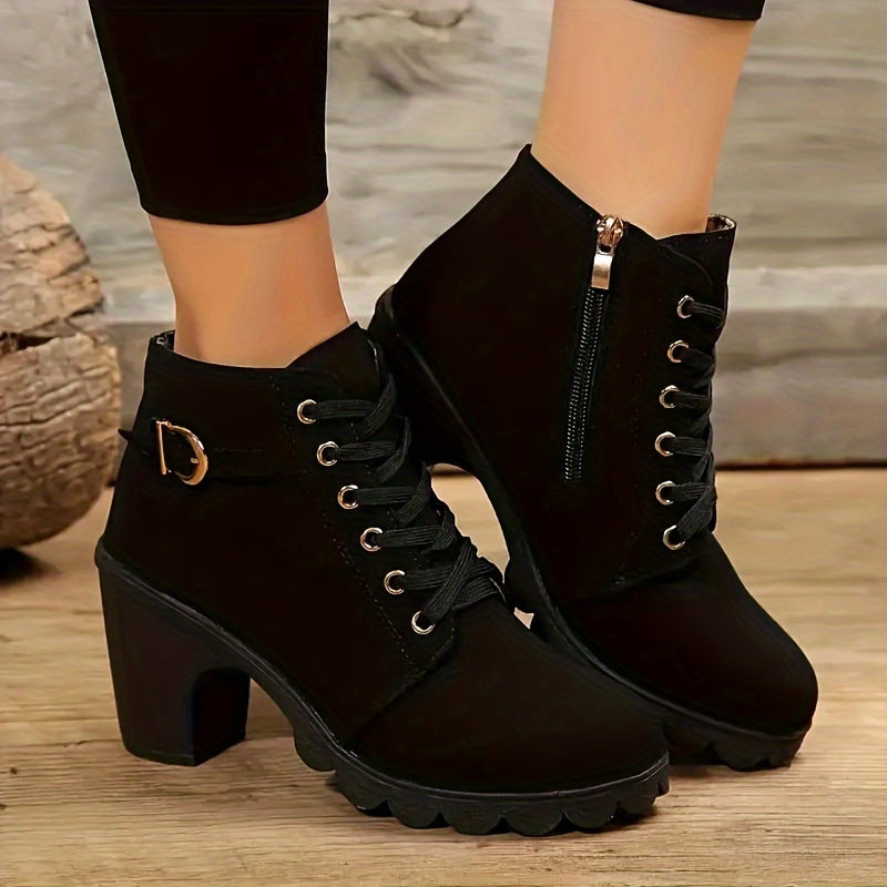 Cordwyn | Women's Block Heel Ankle Boots Lace-Up - Navy - Image 3