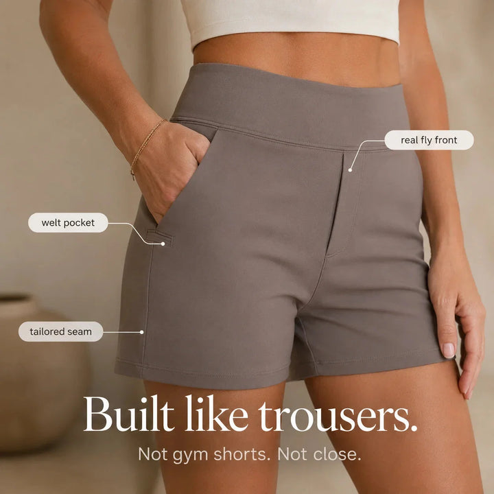 Cordwyn | Women's High Waist Stretch Shorts with Pockets - Taupe - Image 9