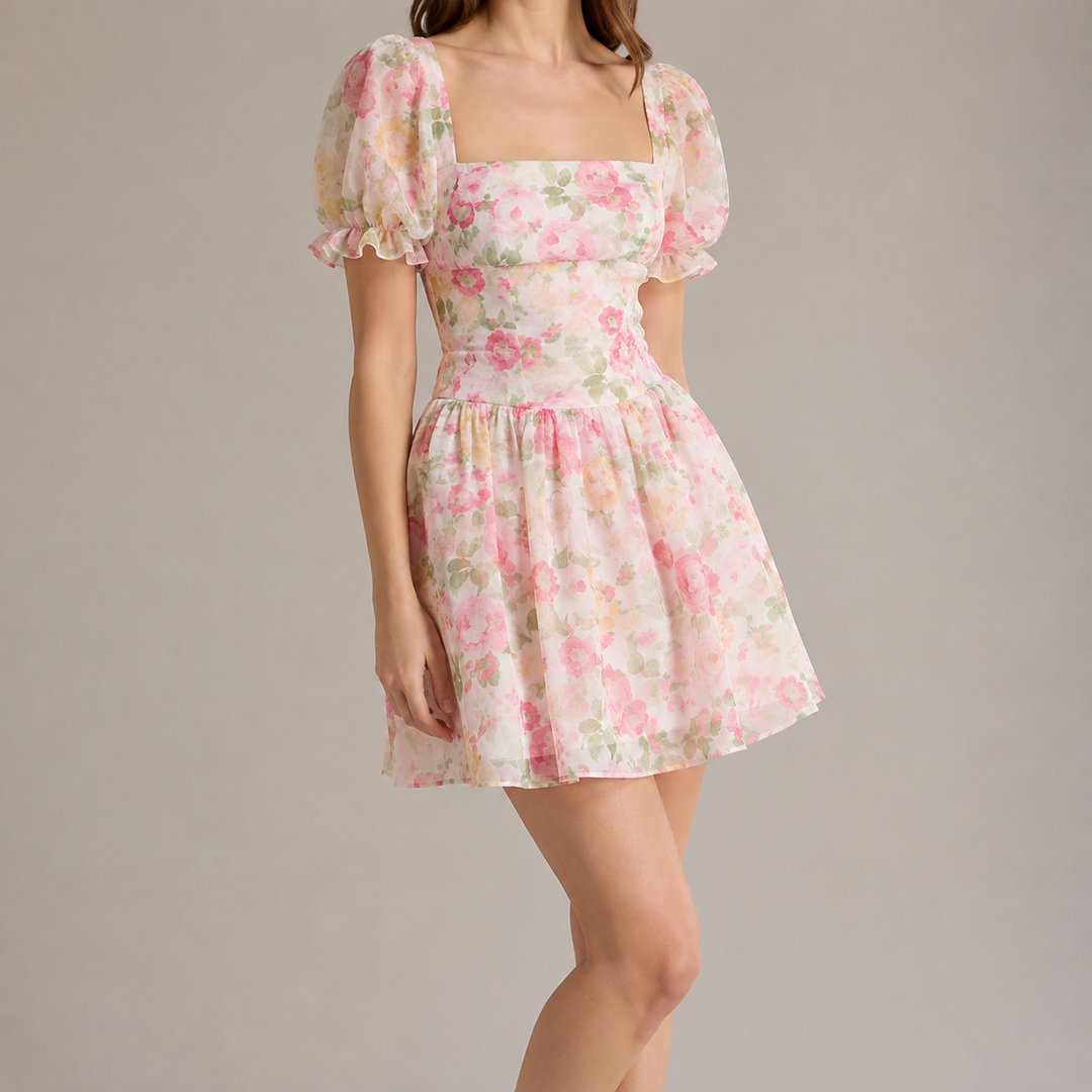 Corinda | Women's Floral Mini Dress Puff Sleeve - Floral - Image 1