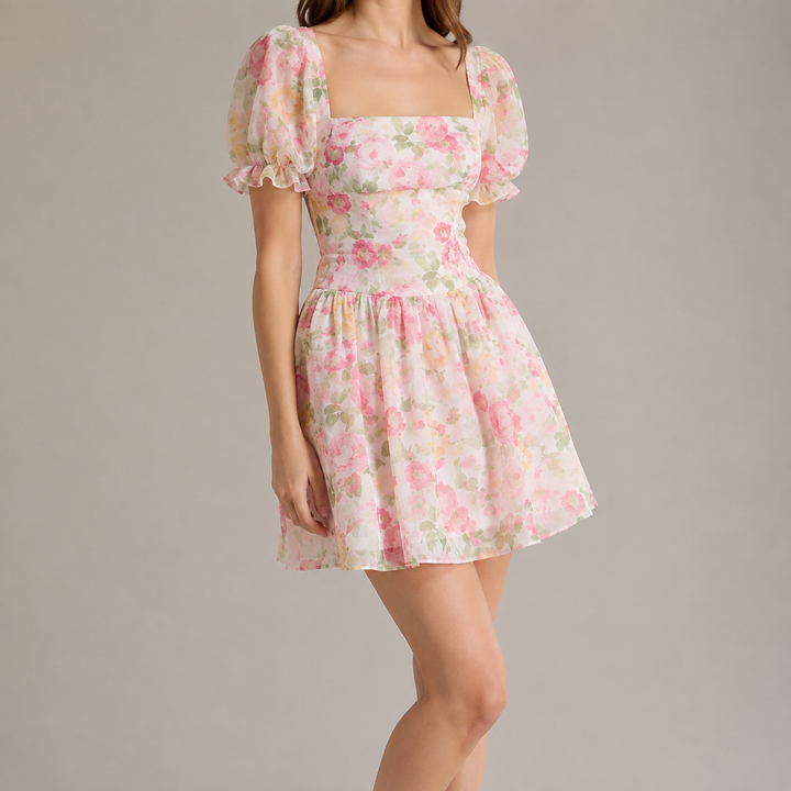 Corinda | Women's Floral Mini Dress Puff Sleeve - Floral - Image 1