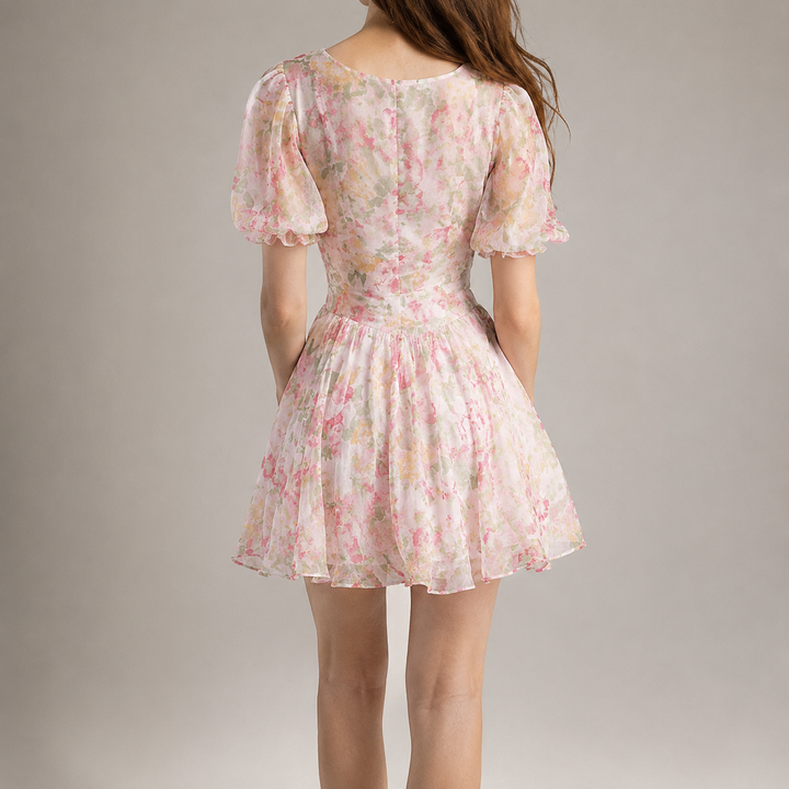 Corinda | Women's Floral Mini Dress Puff Sleeve - Floral - Image 2