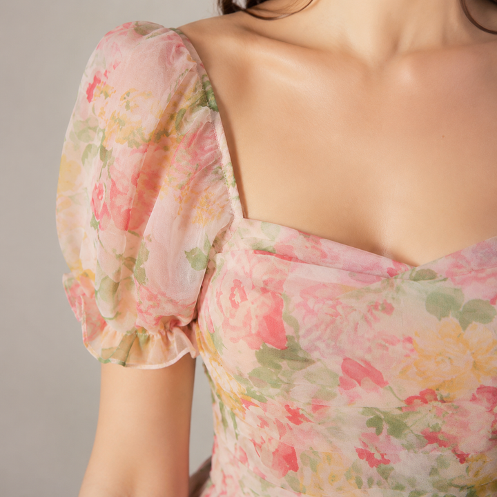 Corinda | Women's Floral Mini Dress Puff Sleeve - Floral - Image 3