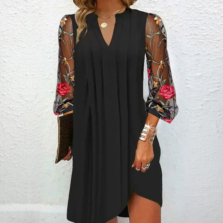 Corvaine | Women's Formal Dress with Floral Mesh Sleeves - Black - Image 1