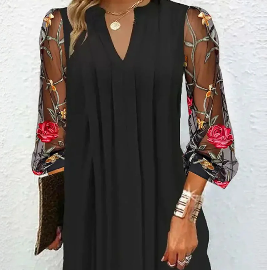 Corvaine | Women's Formal Dress with Floral Mesh Sleeves - Black - Image 2