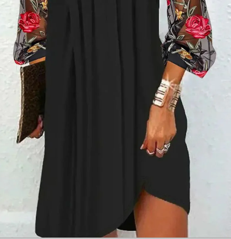 Corvaine | Women's Formal Dress with Floral Mesh Sleeves - Black - Image 3