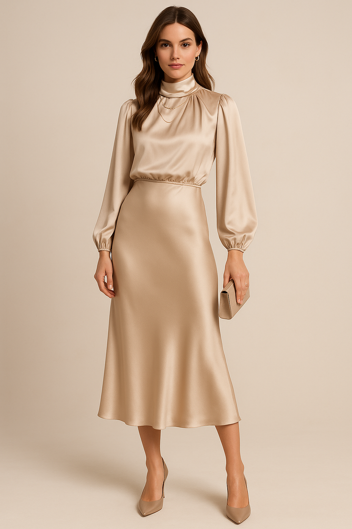Corvaine | Women's Long Sleeve Formal Midi Dress - Champagne - Image 10