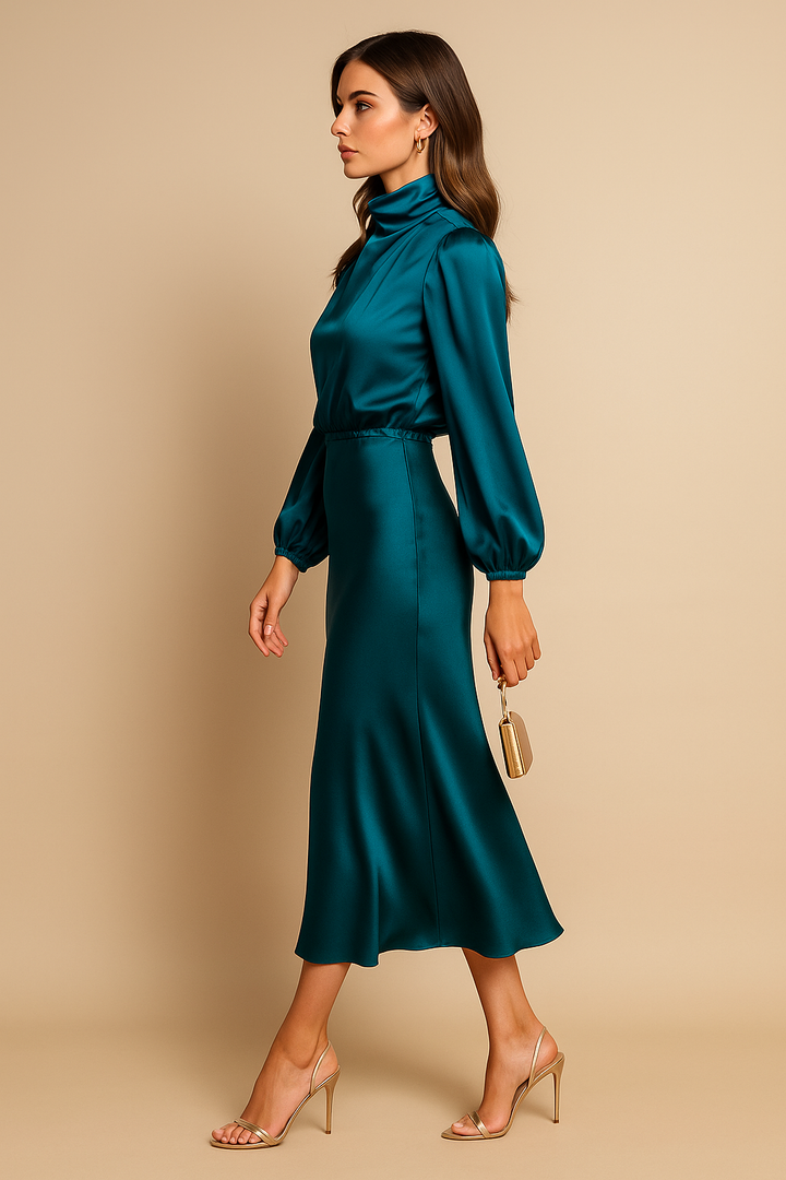 Corvaine | Women's Long Sleeve Formal Midi Dress - Champagne - Image 14