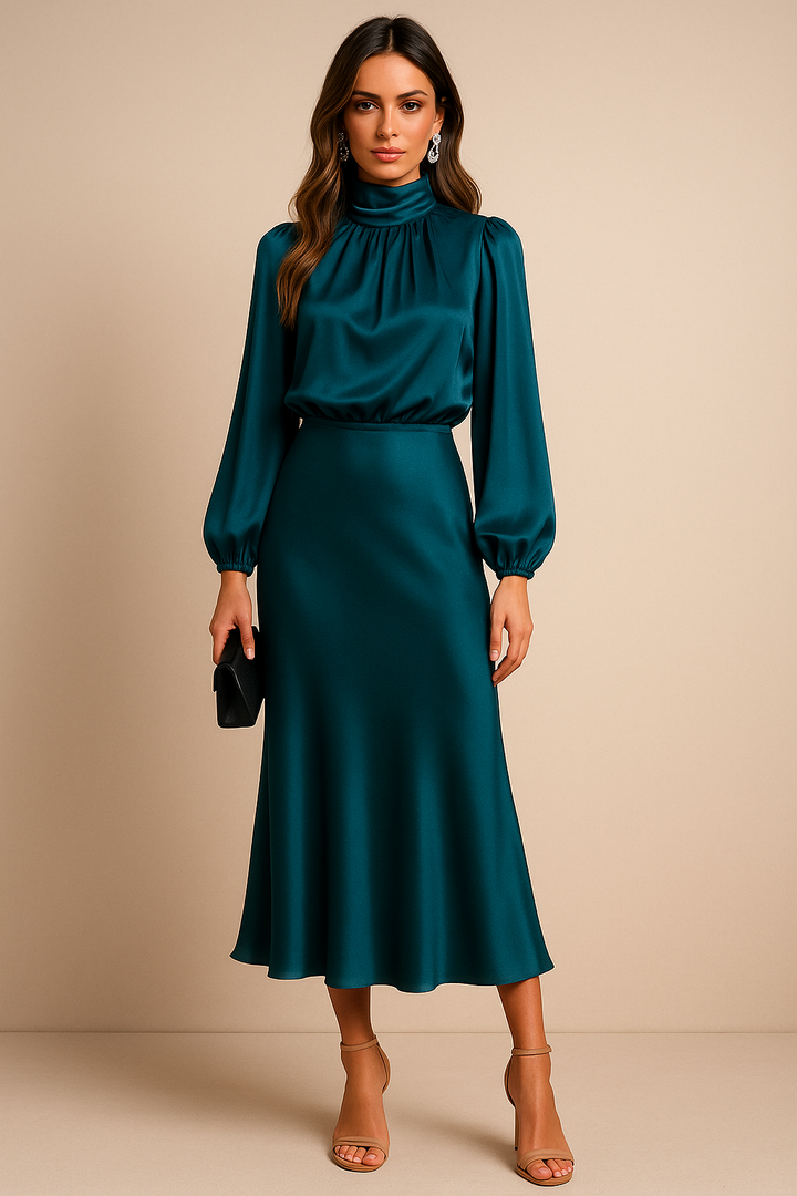 Corvaine | Women's Long Sleeve Formal Midi Dress - Champagne - Image 15