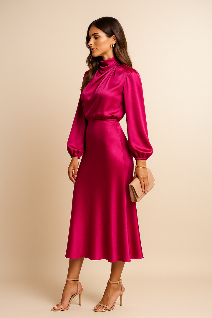 Corvaine | Women's Long Sleeve Formal Midi Dress - Champagne - Image 18