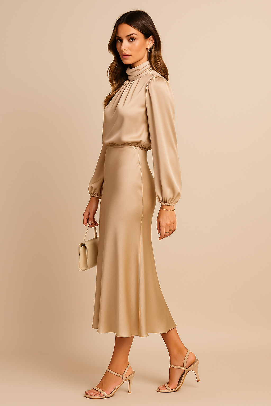 Corvaine | Women's Long Sleeve Formal Midi Dress - Champagne - Image 20