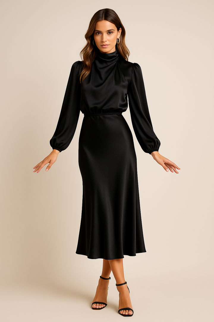 Corvaine | Women's Long Sleeve Formal Midi Dress - Champagne - Image 21