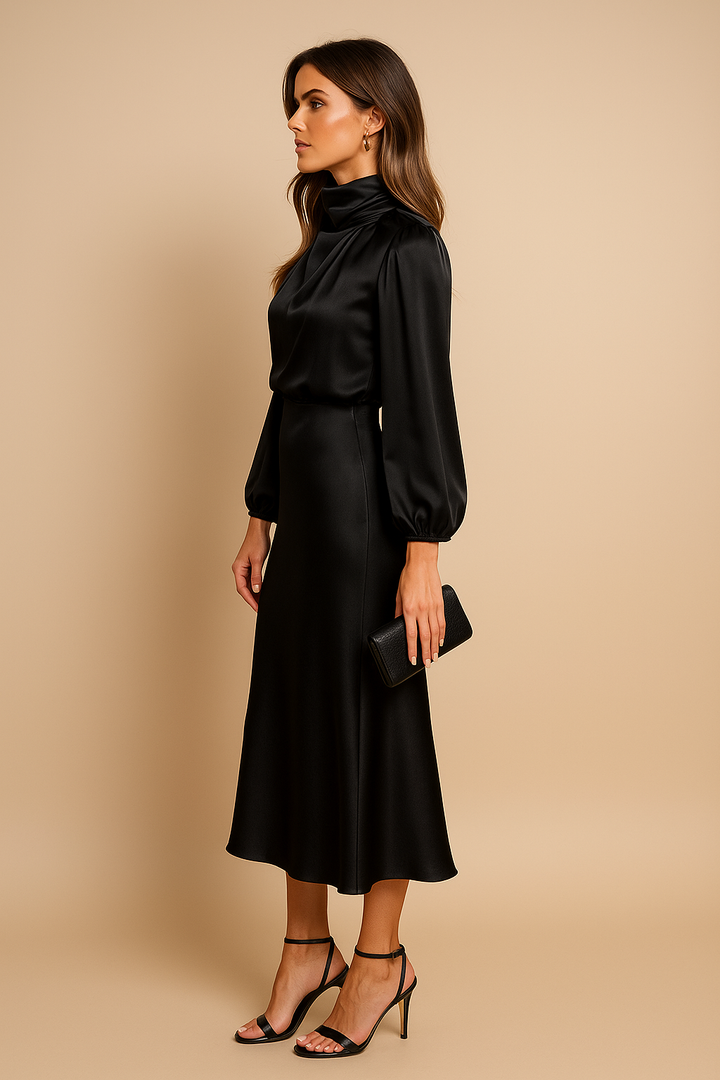 Corvaine | Women's Long Sleeve Formal Midi Dress - Champagne - Image 22
