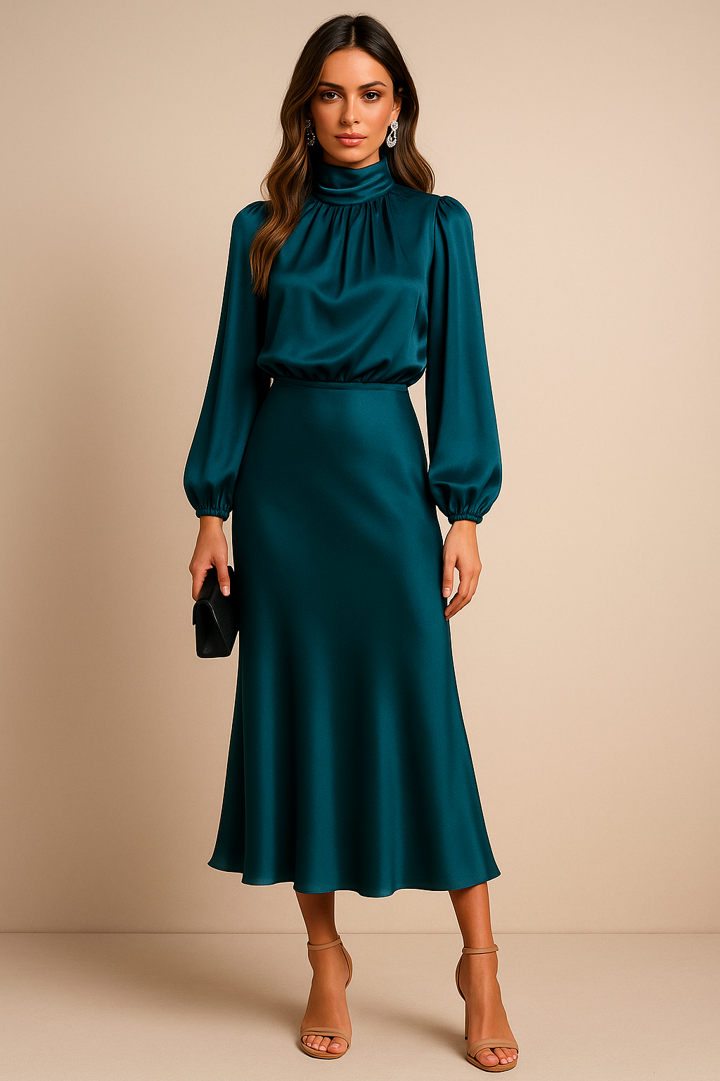 Corvaine | Women's Long Sleeve Formal Midi Dress - Champagne - Image 24