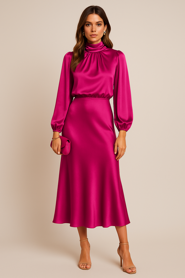 Corvaine | Women's Long Sleeve Formal Midi Dress - Champagne - Image 25