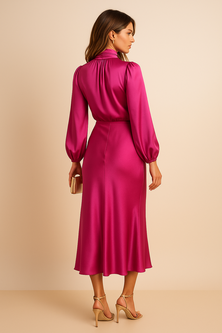 Corvaine | Women's Long Sleeve Formal Midi Dress - Champagne - Image 8