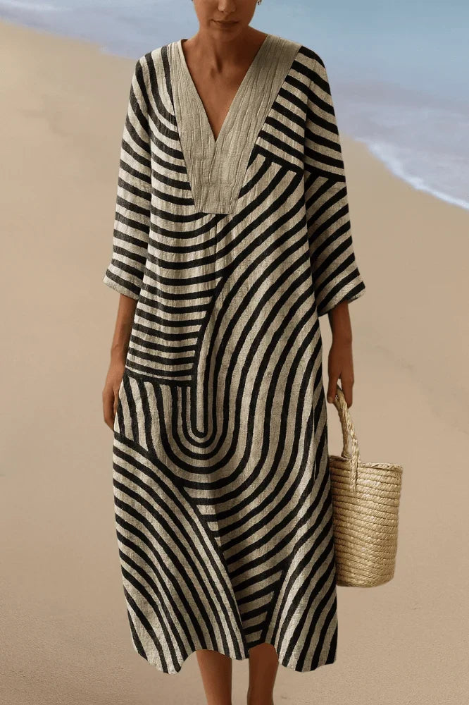 Corvaine | Women's Striped Maxi Dress V-Neck - Striped - Image 1
