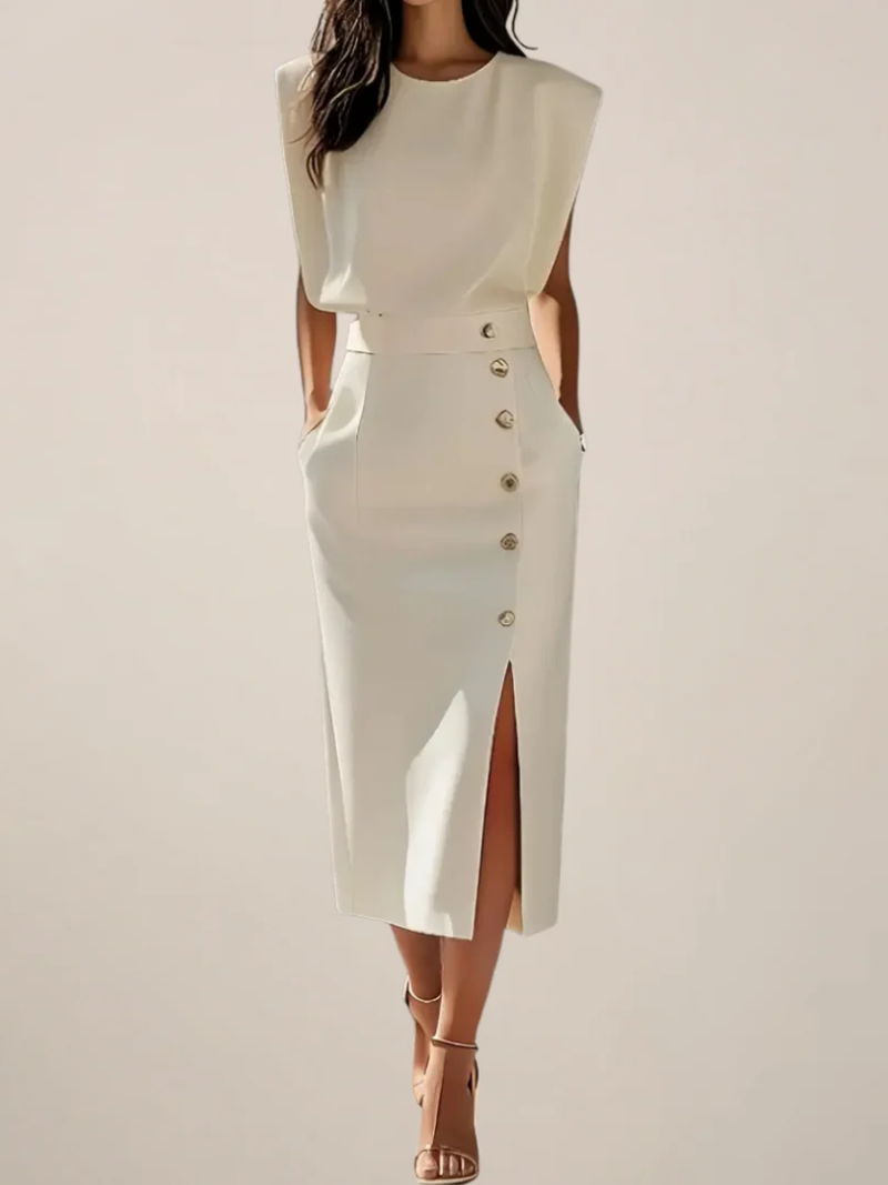 Corvalle | Women's Formal Midi Dress with Side Slit - Cream - Image 1