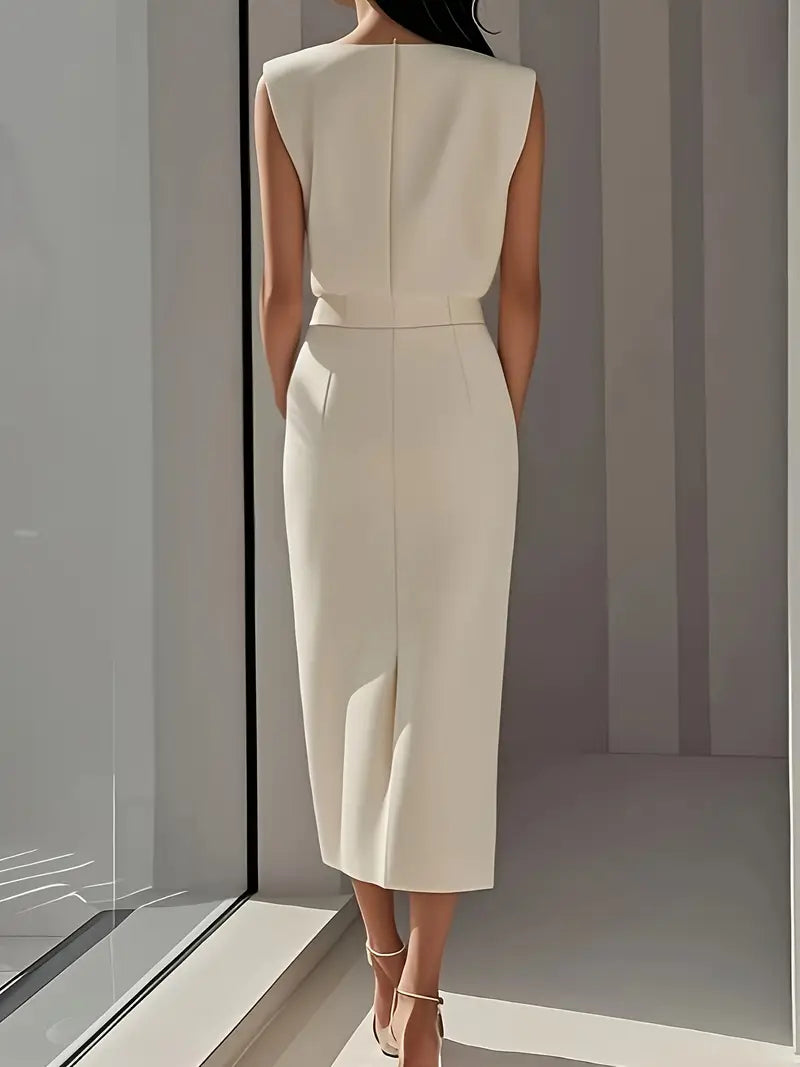 Corvalle | Women's Formal Midi Dress with Side Slit - Cream - Image 2