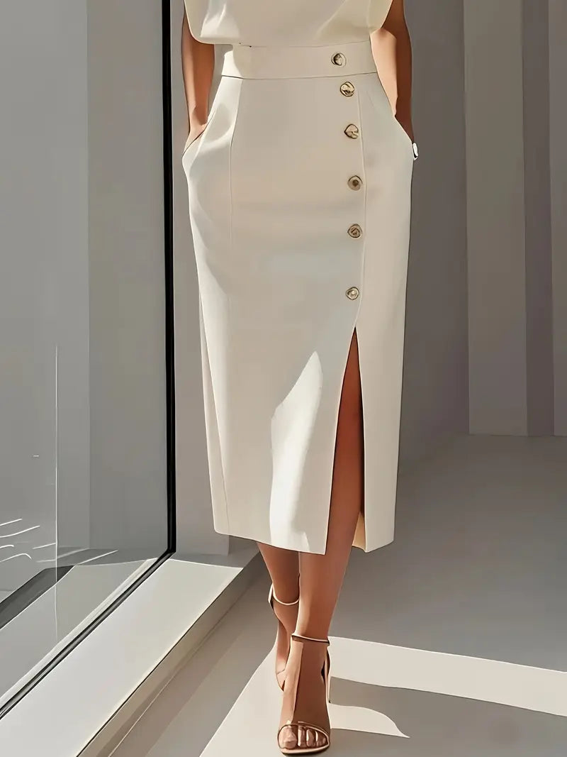 Corvalle | Women's Formal Midi Dress with Side Slit - Cream - Image 3
