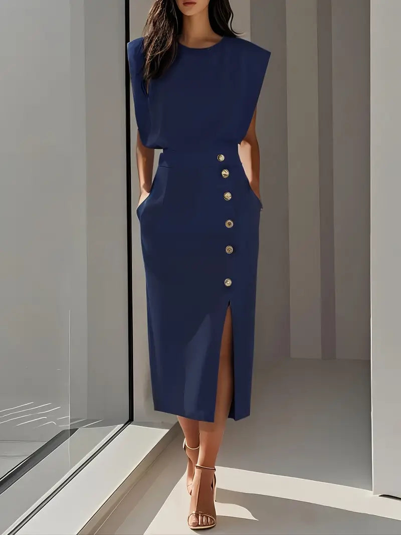 Corvalle | Women's Formal Midi Dress with Side Slit - Cream - Image 5