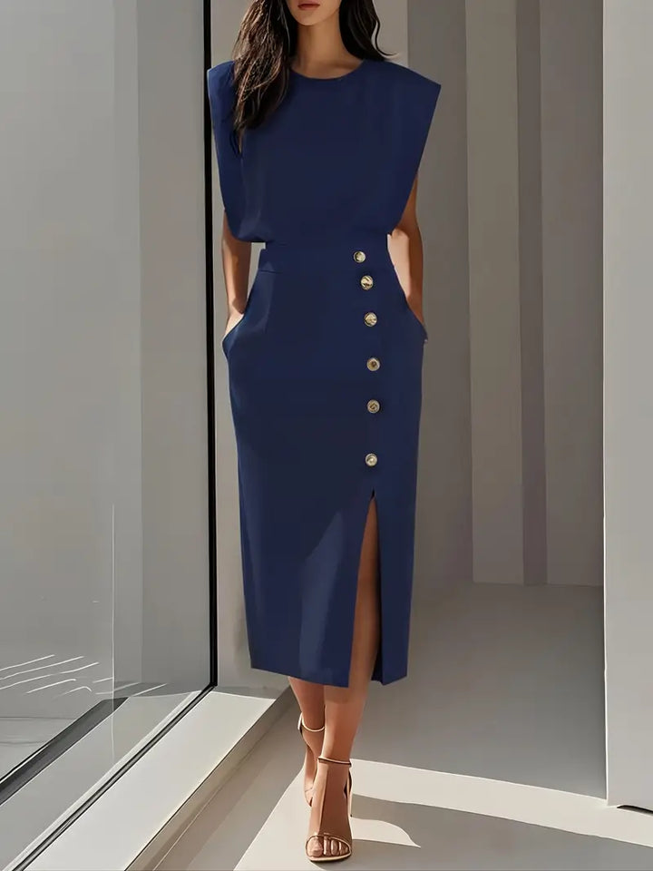 Corvalle | Women's Formal Midi Dress with Side Slit - Cream - Image 5