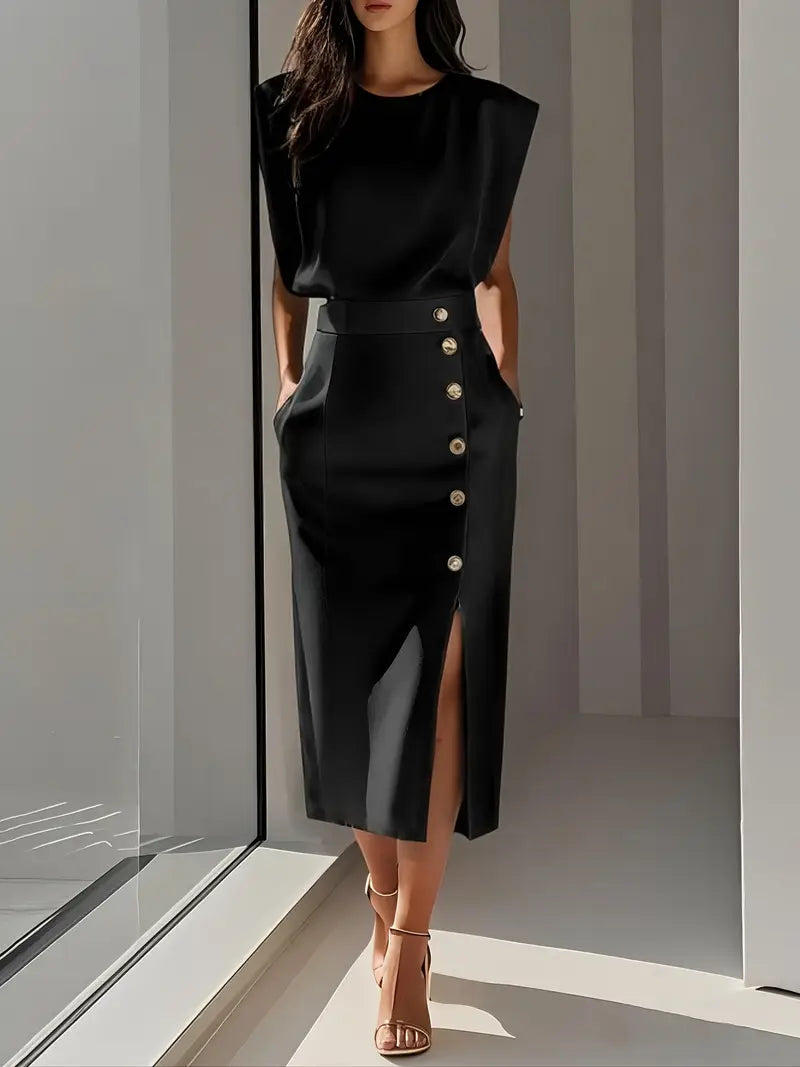Corvalle | Women's Formal Midi Dress with Side Slit - Cream - Image 6