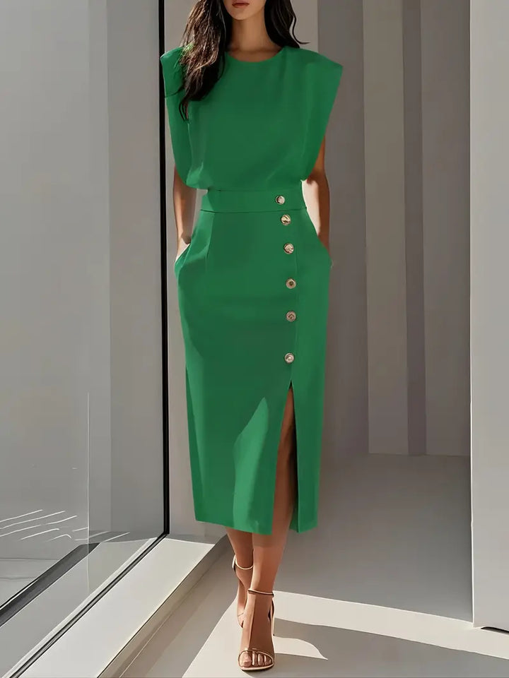 Corvalle | Women's Formal Midi Dress with Side Slit - Cream - Image 7